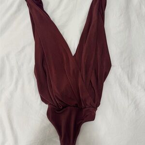 Free People Deep V Bandeau Bodysuit in Burgundy